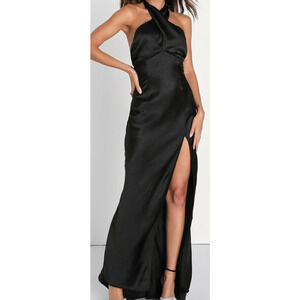 LULU'S Sz M Start of Forever Black Satin Halter Mermaid Maxi Dress NEW B114